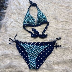 Commando flip and dip reversible Blue and White Chevron Bikini Set